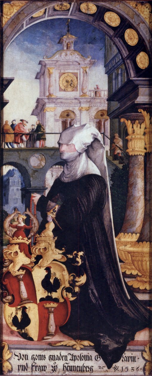 Wildensteiner Altar høyre svingende vinge inne, knelende giver Grevinne Apollonia von Henneberg med våpenskjold av Master of Messkirch