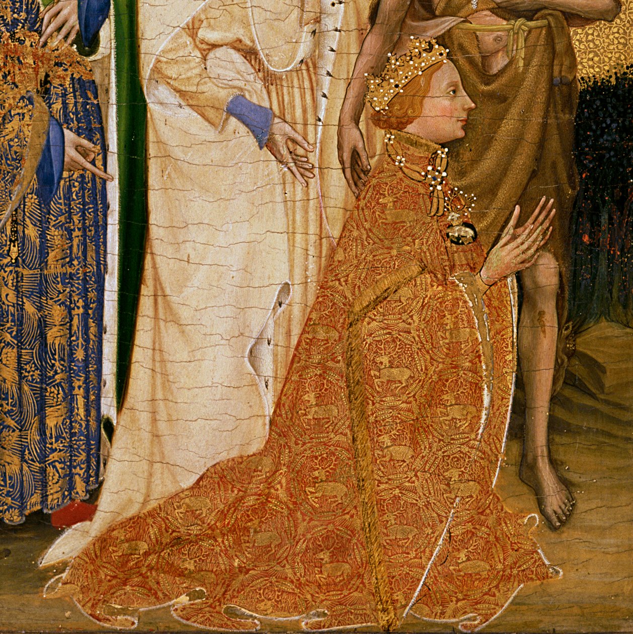 Richard II Presentert for jomfruen og barnet av hans skytshelgen Døperen Johannes og de hellige Edward og Edmund, ca. 1395-99 (eggtempera på eik) (detalj av 3028) av Master of the Wilton Diptych