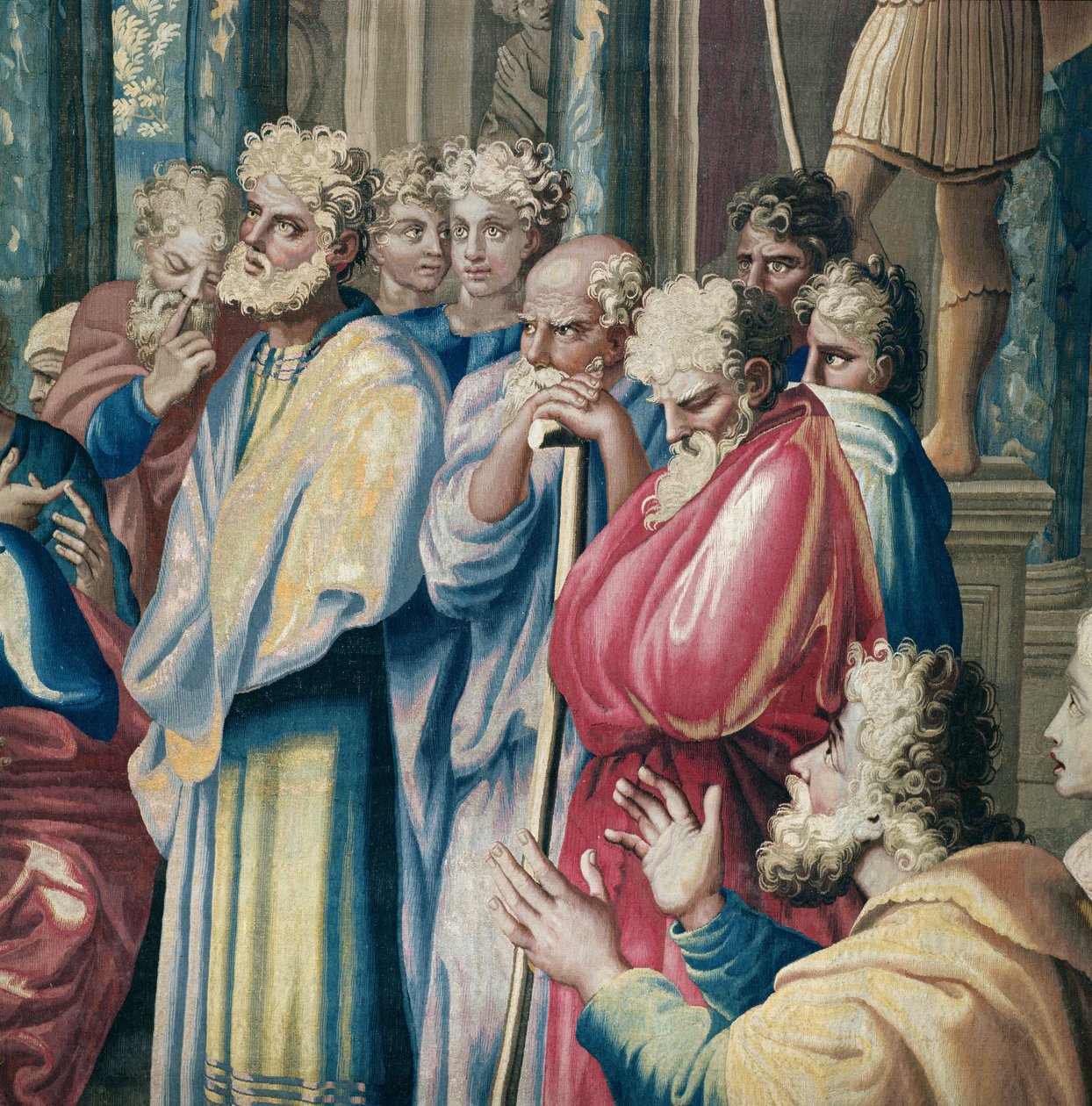 Billedteppe som skildrer Apostlenes gjerninger, Saint Paul som forkynner for Areopagus (detalj av athenerne som lytter til Saint Paul som forkynner), vevd på Beauvais Workshop under ledelse av Ph av Raffaello Sanzio Raphael