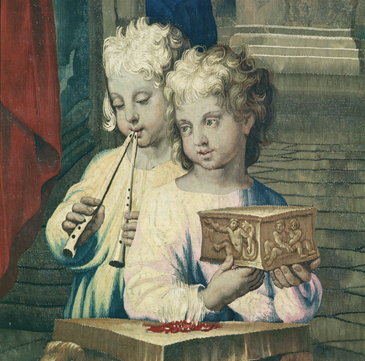 Billedteppe som skildrer Apostlenes gjerninger, offeret til Lystra (detalj to barn, det ene spiller en dobbelfløyte og det andre viser en liten boks), vevd på Beauvais-verkstedet under ledelse av Raffaello Sanzio Raphael