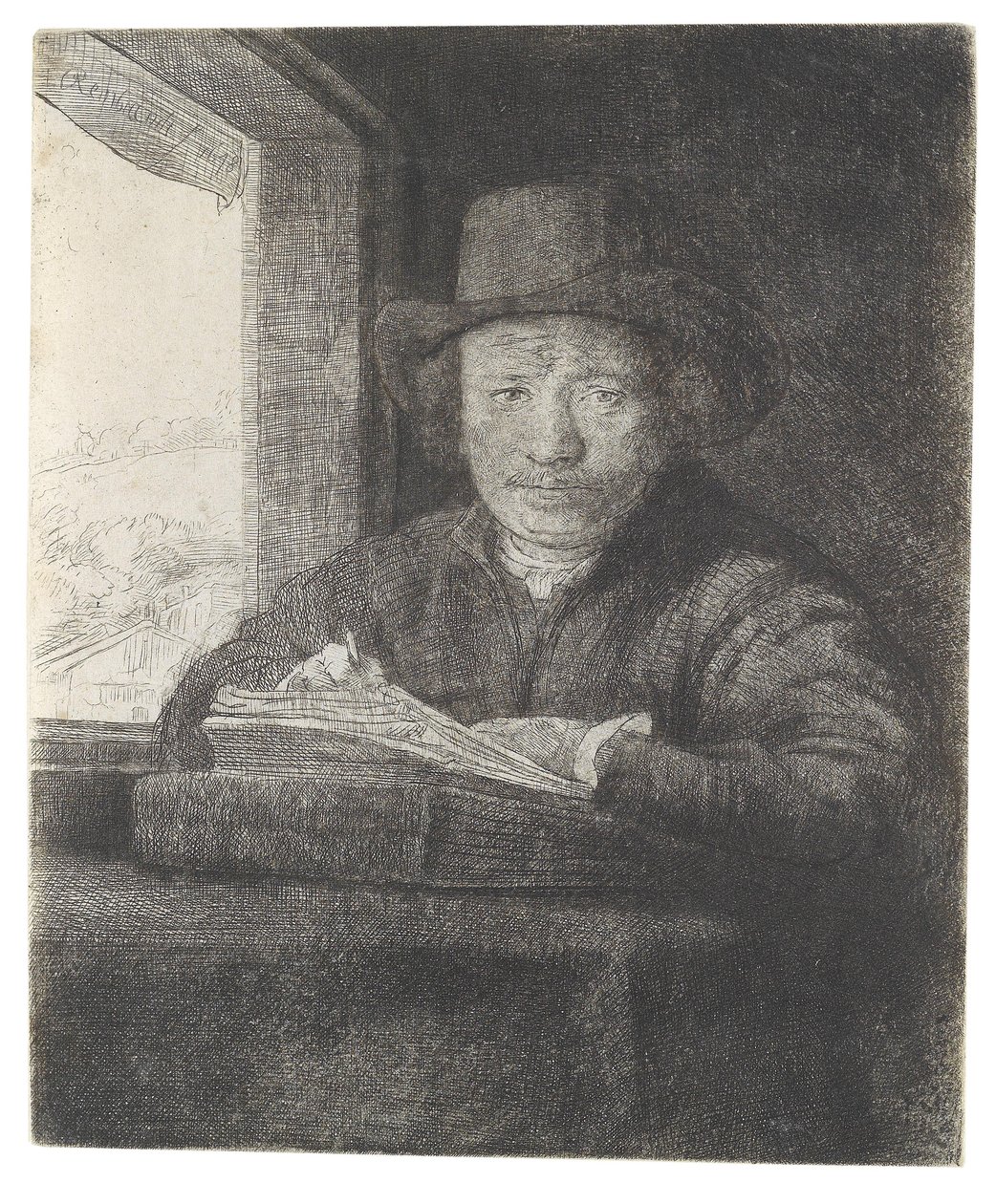 Tegner selvportrett ved vinduet av Rembrandt van Rijn