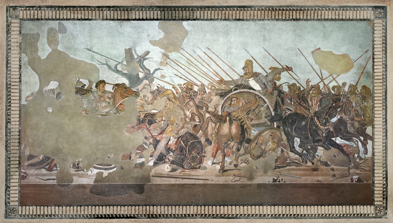Alexander-mosaikken, som viser slaget ved Issus mellom Alexander den store (356-323 f.Kr.) og Darius III (d.330 f.Kr.) i 333 f.Kr., romersk gulvmosaikk fjernet fra Casa del Fauno (Faunens hus) av Roman