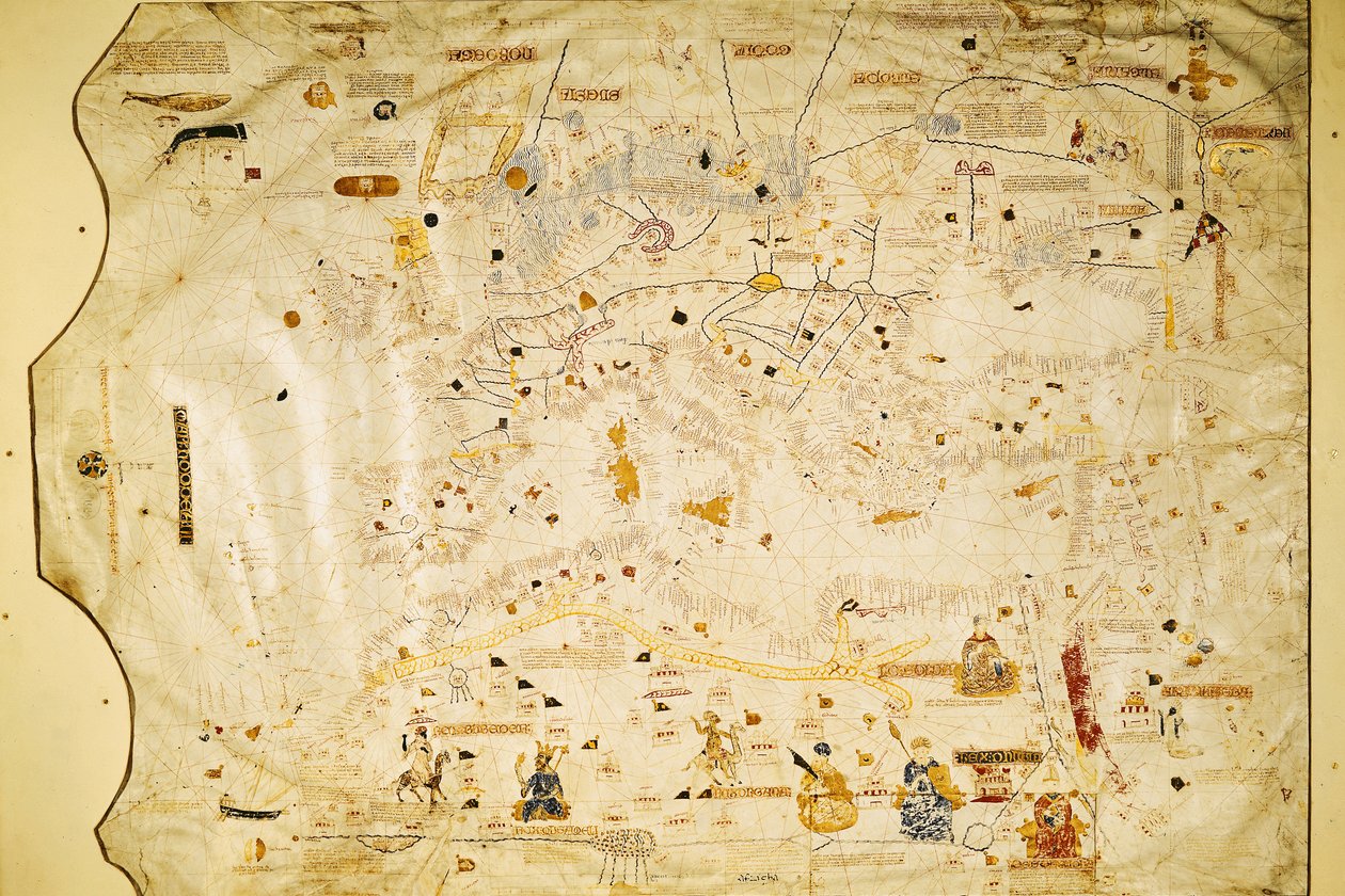 Kart over Charles V, kart over Mecia de Viladestes, en portulan av Europa og Nord-Afrika, 1413 (vellum) av Spanish School