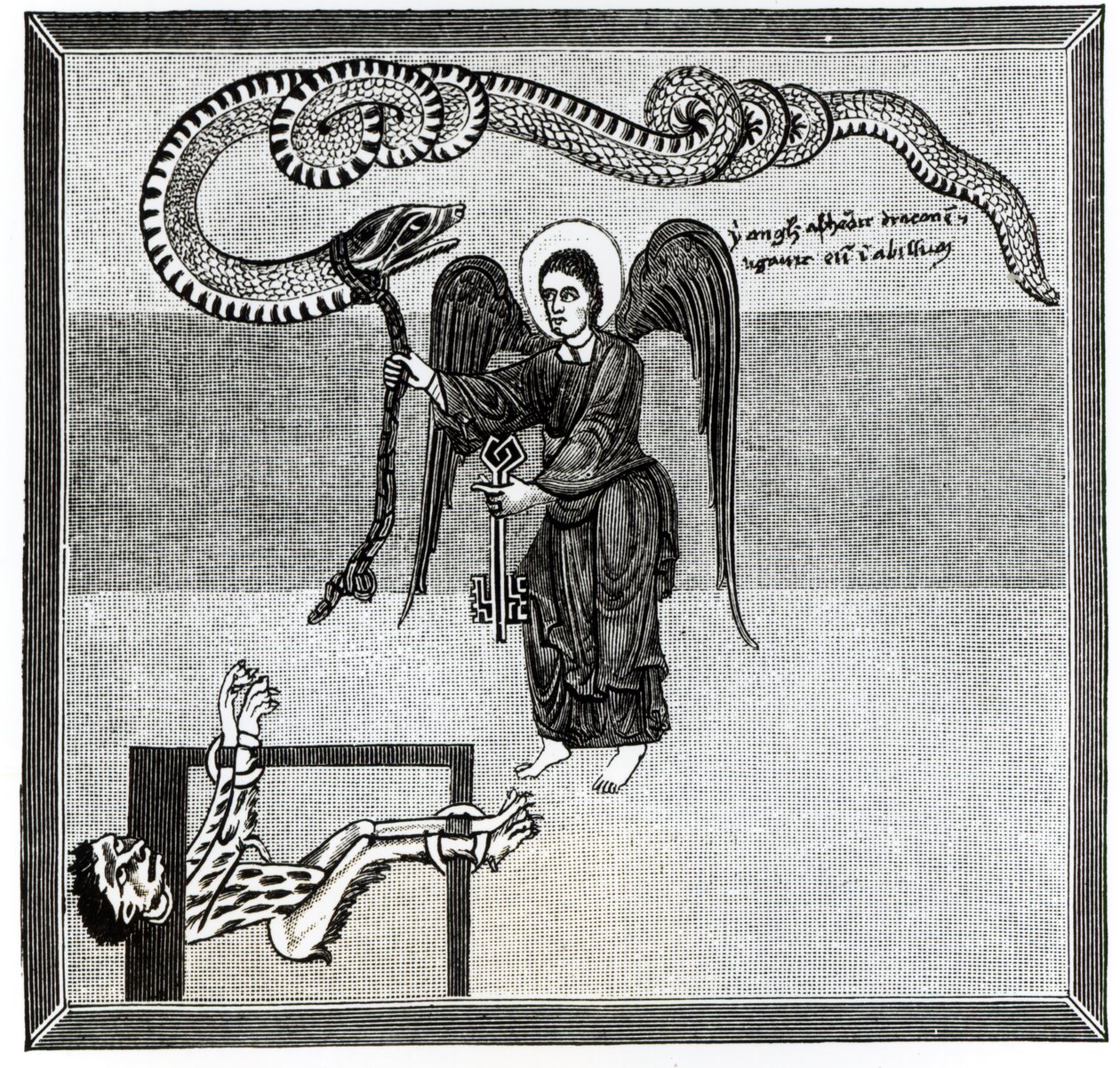 Engelen, som holder helvetes nøkler, lenker djevelen, i form av en drage, i gropen, fra en kommentar til apokalypsen av den asturiske munken Beatus av Liebana, ca. 776, illustrasjon fra 