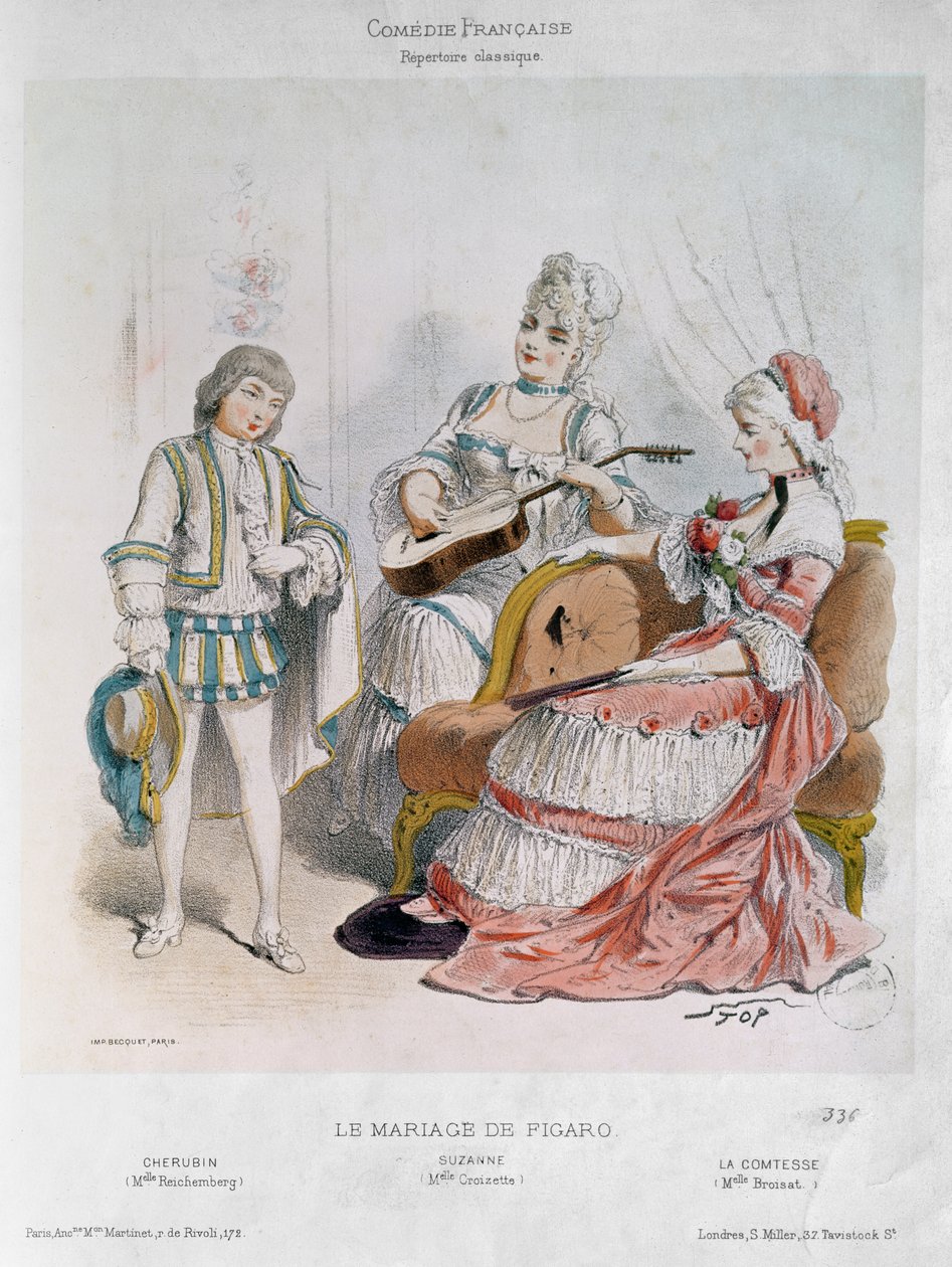 Mademoiselle Reichemberg som Cherubin, Mademoiselle Croizette som Suzanne og Mademoiselle Broisat som grevinnen i 
