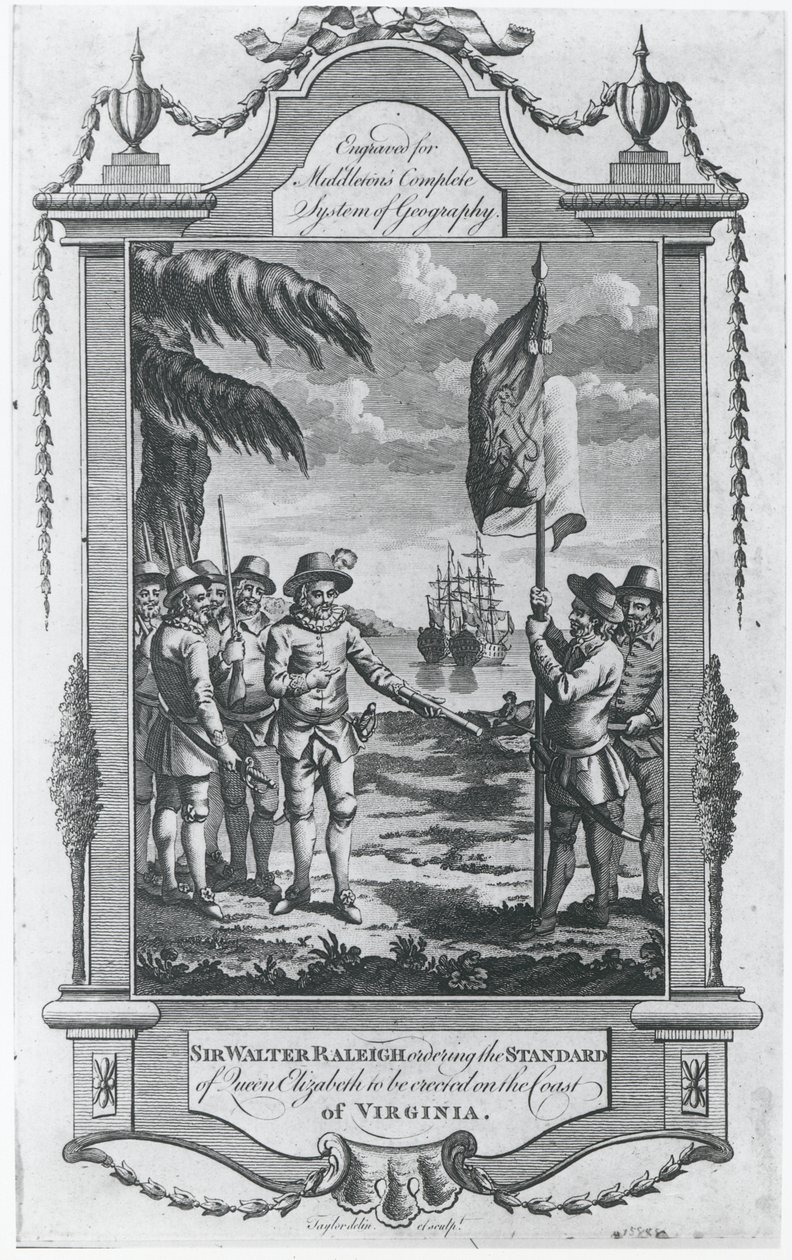 Sir Walter Raleigh (1552-1618) beordret at standarden til dronning Elizabeth skulle reises på kysten av Virginia, 1584, gravert av kunstneren for 