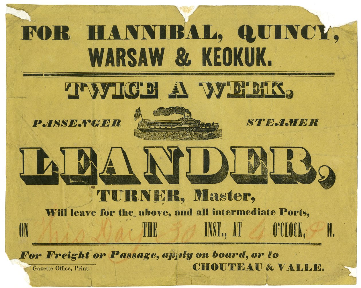 Annonse til S.S.Leander, to ganger i uken frakt eller passasje, til Hannibal, Quincy, Warszawa og Keokuk, ca. 1850 av Unknown