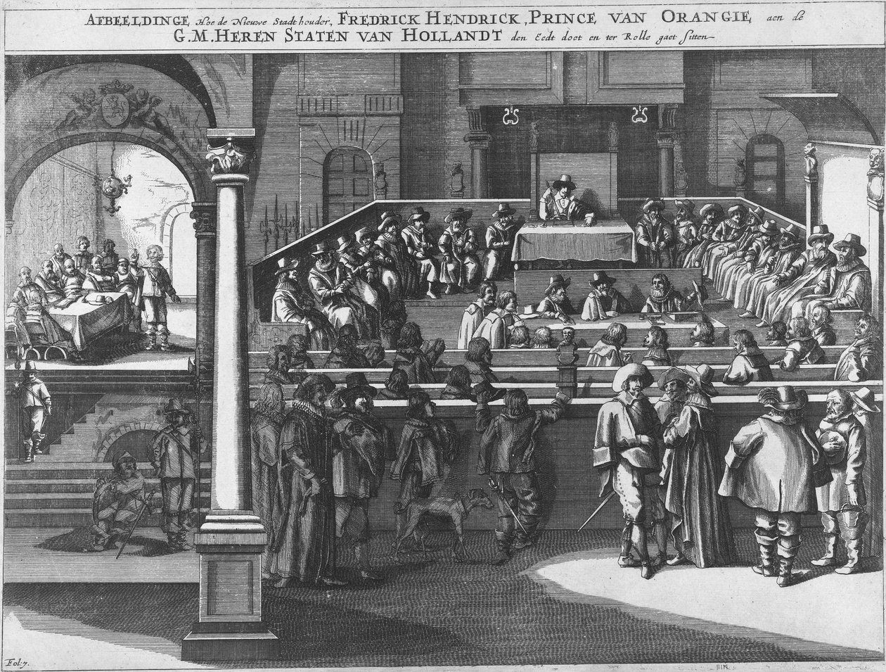Illustrasjon, hvordan Nieuwe Stadt -innehaveren, Fredrick Hendrick, Prince van Orangie og G.M. Heren Staten van Hollandt den Eedt gjør og sitter ter Rolle Frederik Hendrik avlegger ed som stadsholder og tar plass i Holland, 1625 av Unknown