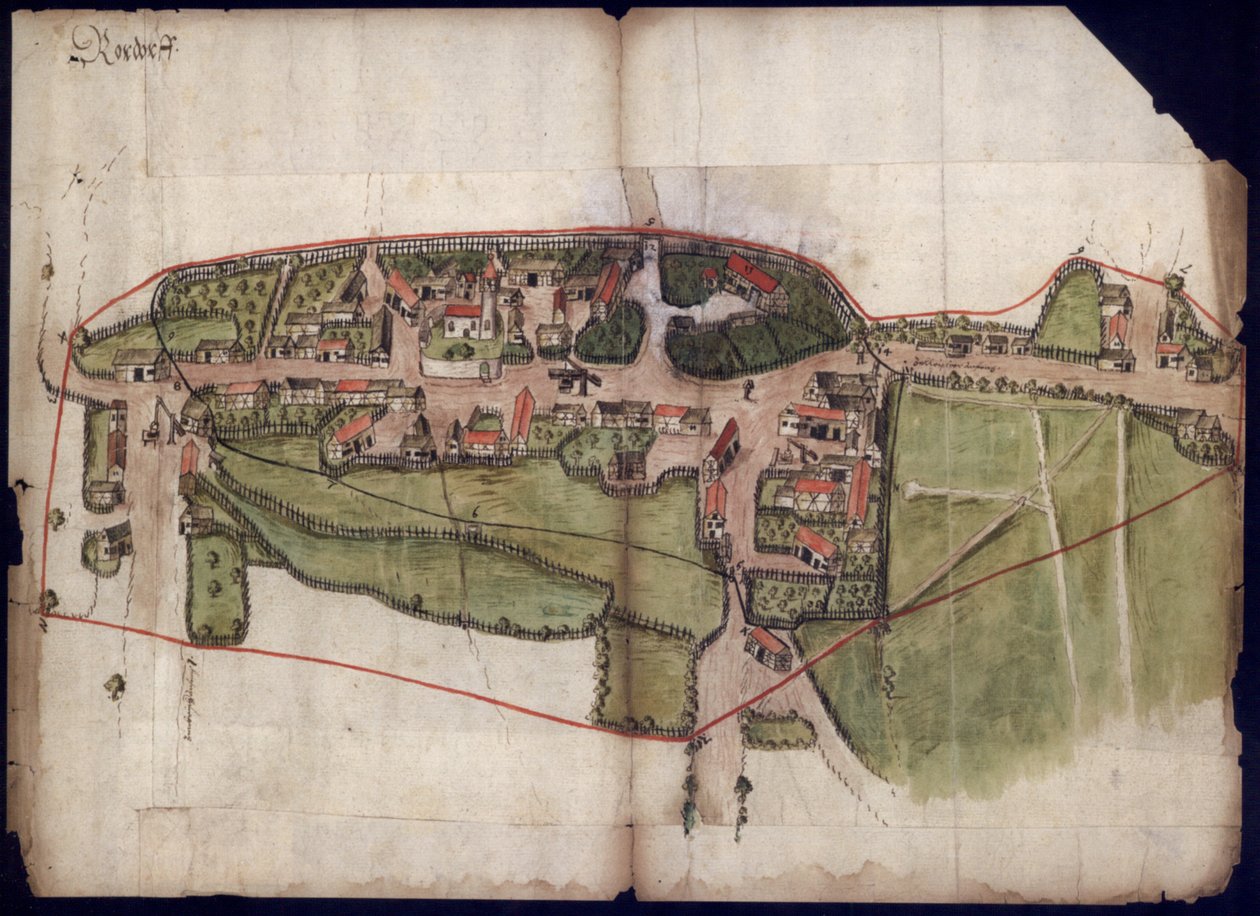 Utsikt over landsbyen Rohrdorf nær Meßkjirch på et fugleperspektiv fra 1576 av Unknown