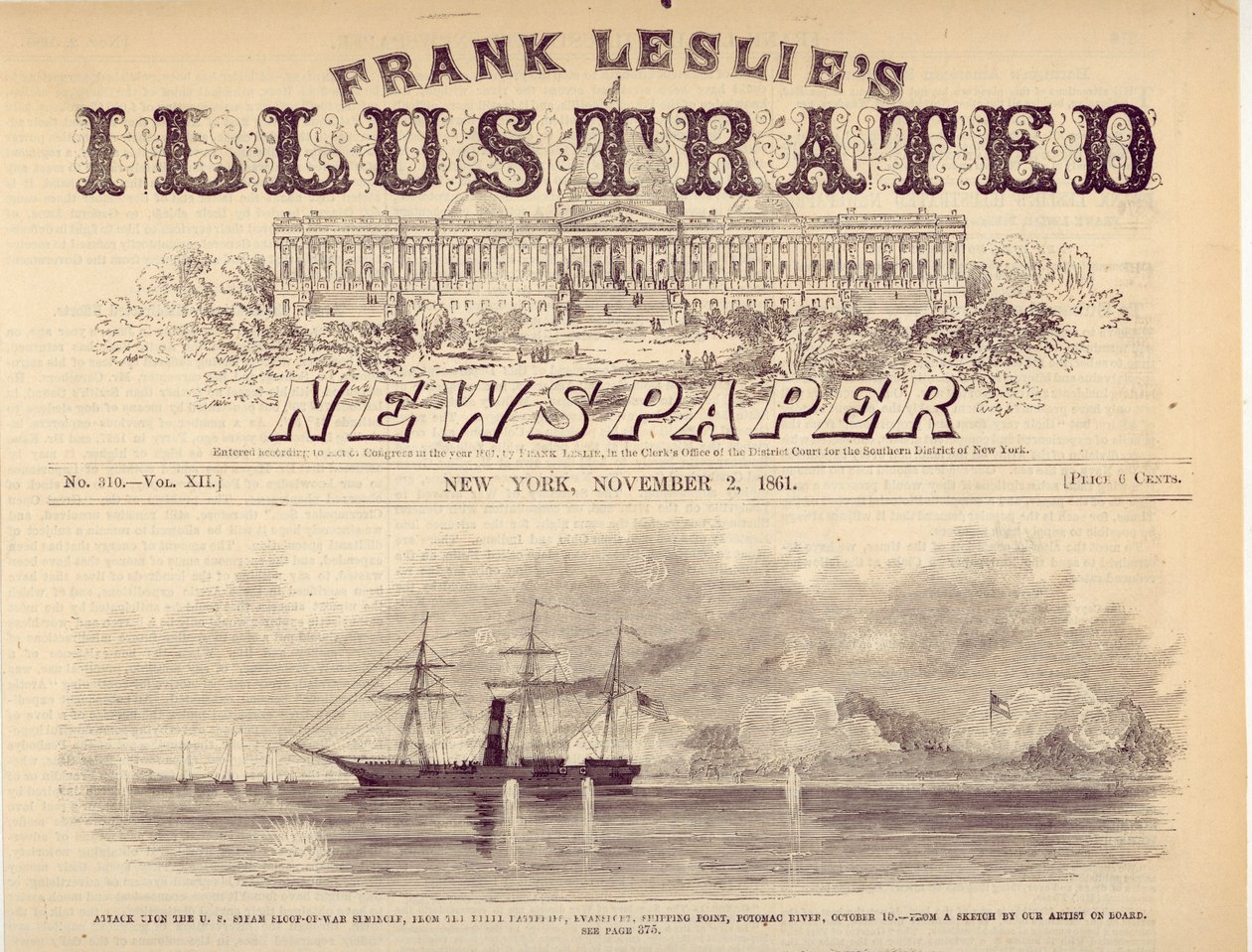 Angrep på US Steam Sloop-of-War Seminole, fra (uleselig) Shipping Point, Potomac River, 15. oktober. av Unknown