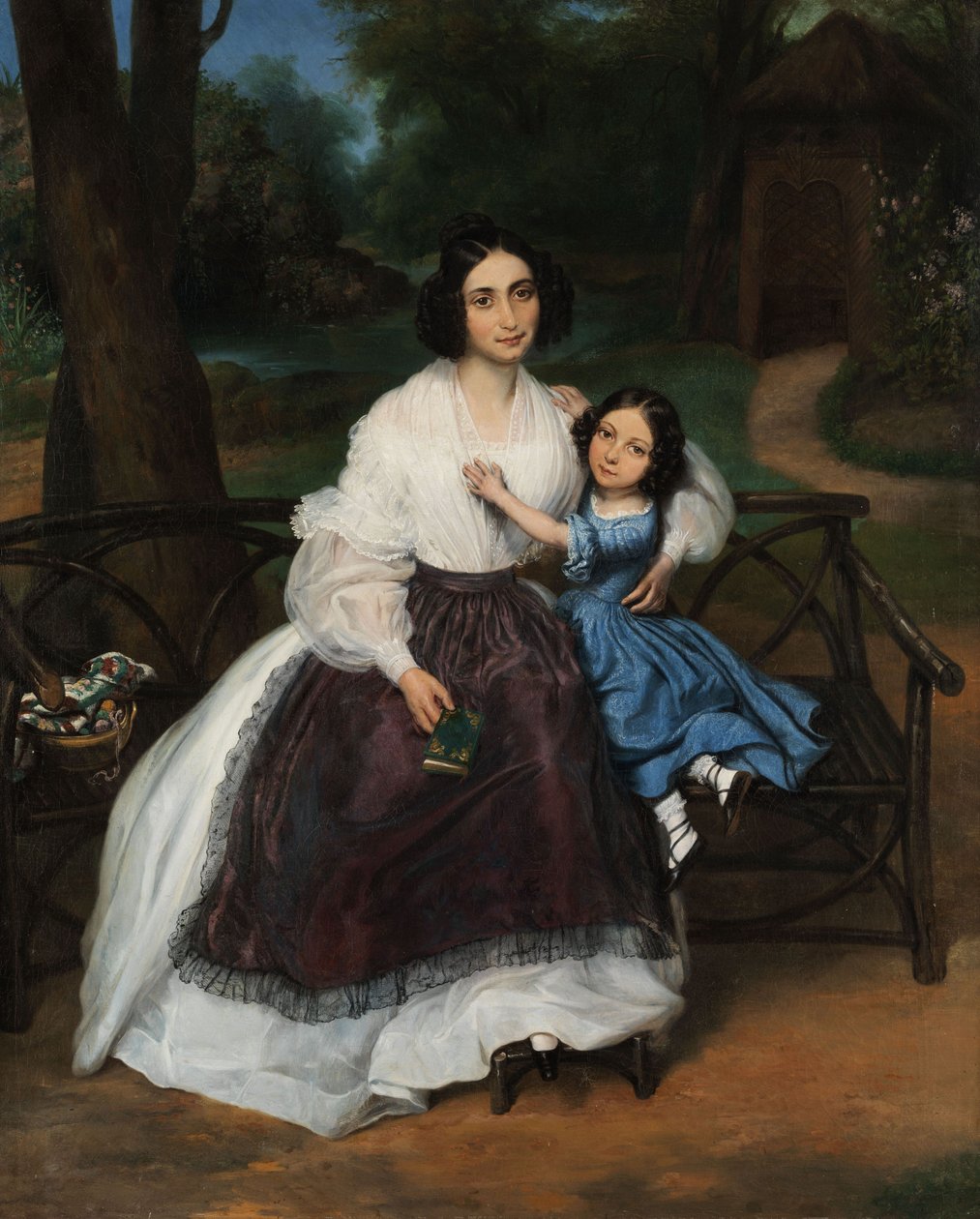 Biedermeier -portrett av en ung kvinne med datter. av Unknown