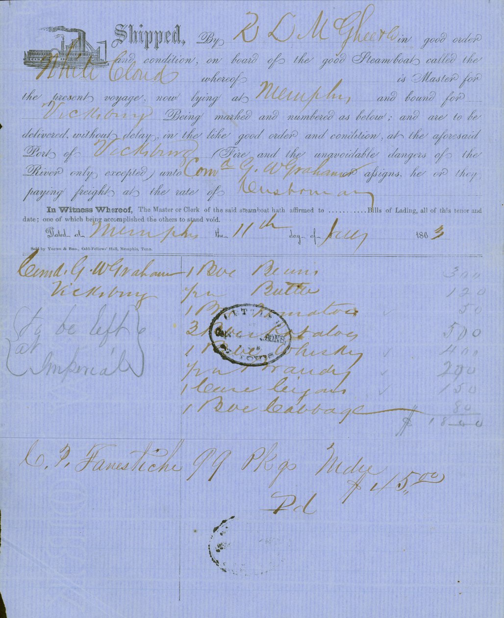 Dokumentet inneholder stemplet til kaptein Charles Parsons, assisterende kvartermester i St. Louis av Unknown