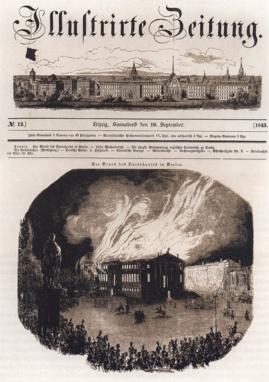 Forsiden av Leipziger Illustrierte Zeitung, 16. september 1843, som viser brannen i operahuset i Berlin 18. august 1843 av Unknown