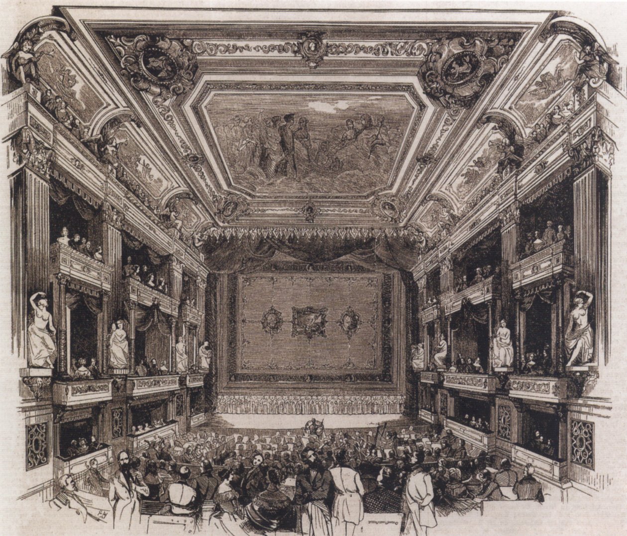Auditorium for det gjenoppbygde Royal Opera House Berlin, 1844, Illustrierte Zeitung nr. 88, Berlin 1845 av Unknown