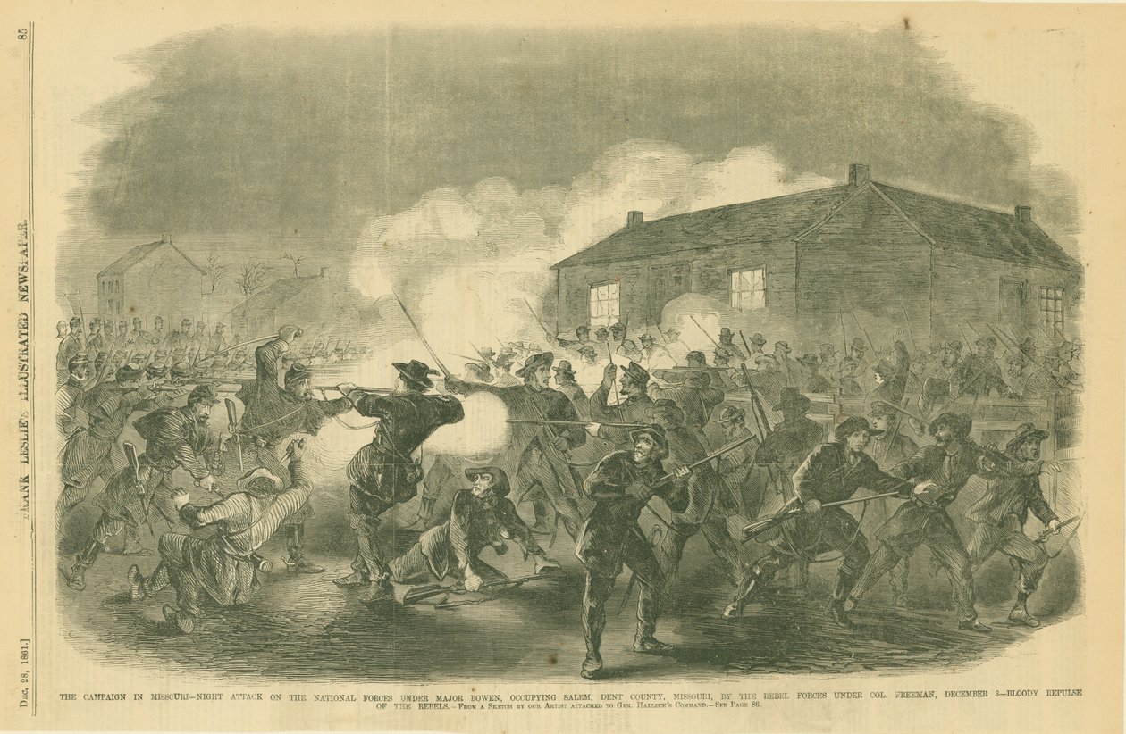 han Kampanje i Missouri -nattangrep på de nasjonale styrkene under major Bowen, okkuperende Salem, Dent County, Missouri, av opprørsstyrkene under oberst Freeman, 3. desember - Bloody Repulse of the Rebels. av Unknown