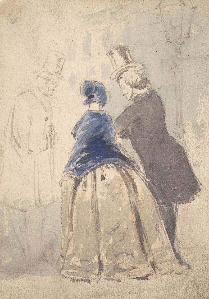 Gatescene fra Vanity Fair, med Amelia, George Osborne og Dobbin recto..., 1800-1819. av Jerry Barret