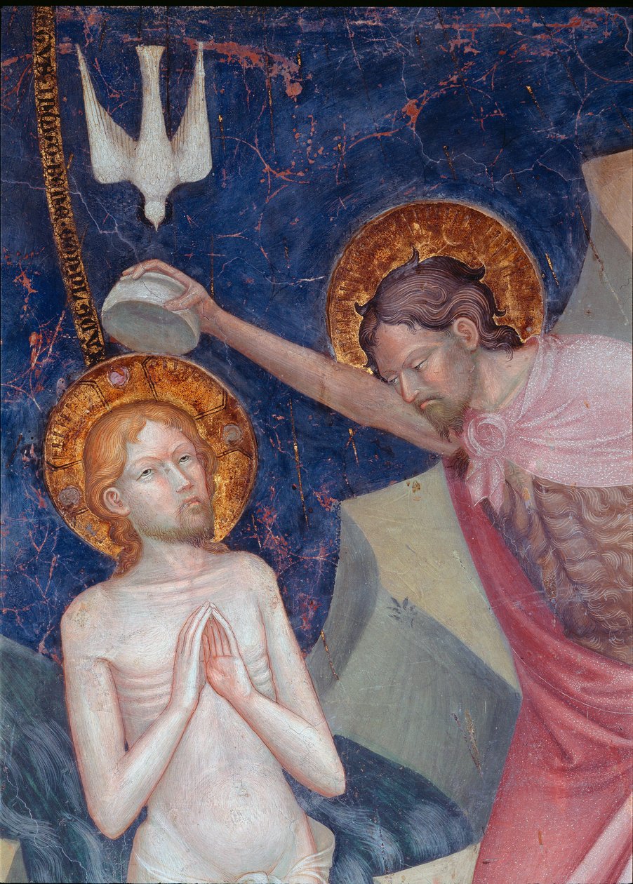 Døperen Johannes døper Kristus detalj. Fresco av Lorenzo (ca. 1374-1420) og Jacopo (? -Etter 1427) Salimbeni 1416. Urbino Oratory of San Giovanni av Lorenzo da  Sanseverino
