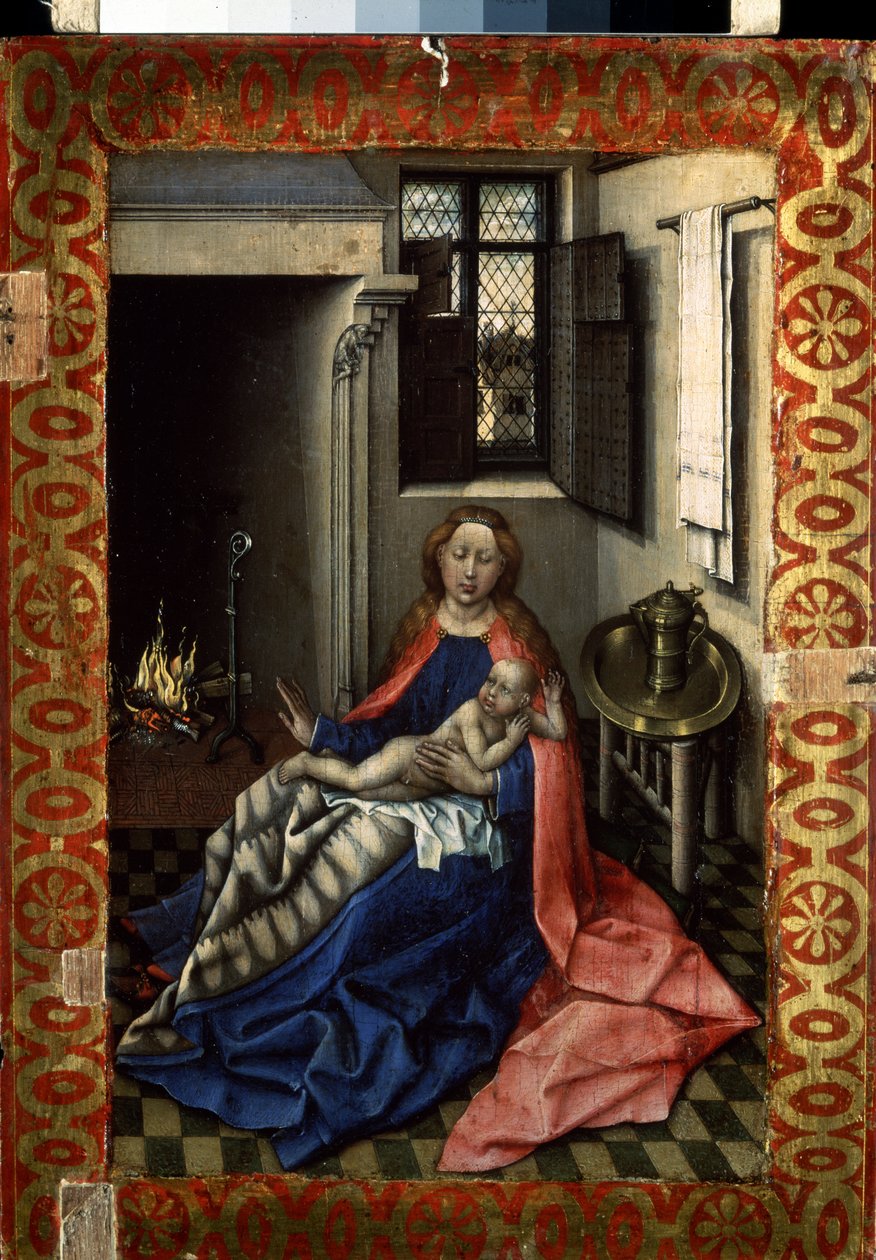 ""Madonna og barn nær en peis"" (Jomfruen og barnet ved en peis) Høyre rute i en diptyk. Maleri på tre av Robert Campin, kjent som Mesteren av Flemalle (1375-1444) rundt 1430 Mål 34,3x24,5 cm Eremitagemuseet, St. Petersburg av Master of Flémalle