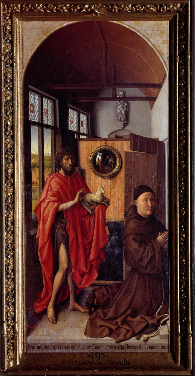Døperen Johannes og fransiskanerbroren Henri de Werl Tremaleri av Robert Campin kalt Mesteren av Flemalle (1375-1444) 1438 Søn. 1,01x0,47 m Madrid, Prado-museet av Master of Flémalle