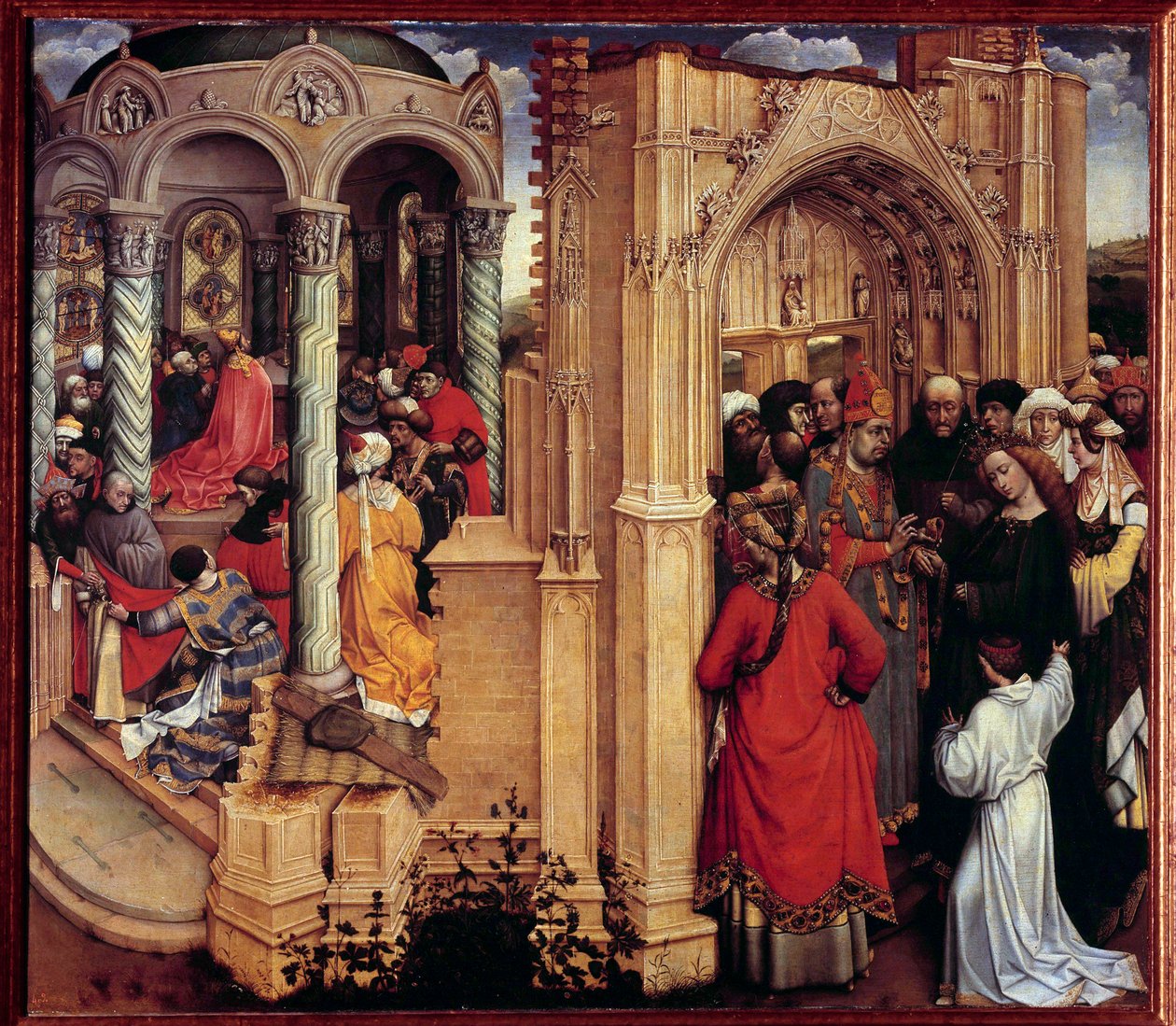 The Marriage of the Virgin Tremaleri av Robert Campin kalt Mesteren av Flemalle (1375-1444) 1400-tallets sol. 0,77x0,88 m Madrid, Pradomuseet - Jomfruens bryllup. Maleri på tre av Robert Campin kjent som Mesteren av Flemalle (1375-144 av Master of Flémalle