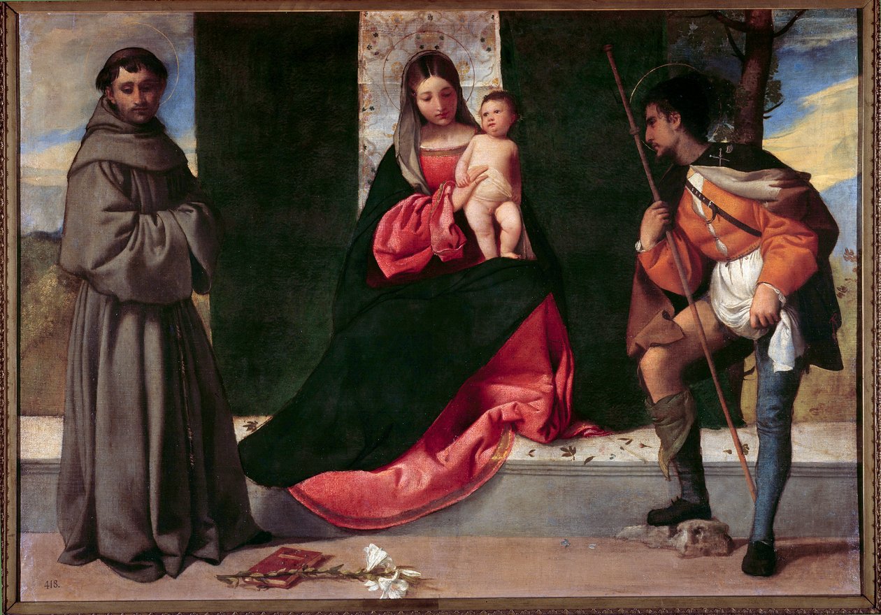 Jomfruen og barnet mellom Saint Anthony av Padua (san antonio di padova) og Saint Roch Maleri av Giorgio Barbarelli da Castelfranco dit Giorgione (1477-1510). 1500-talls søn. 0,92x1,33 m Madrid, Prado-museet av Giorgione