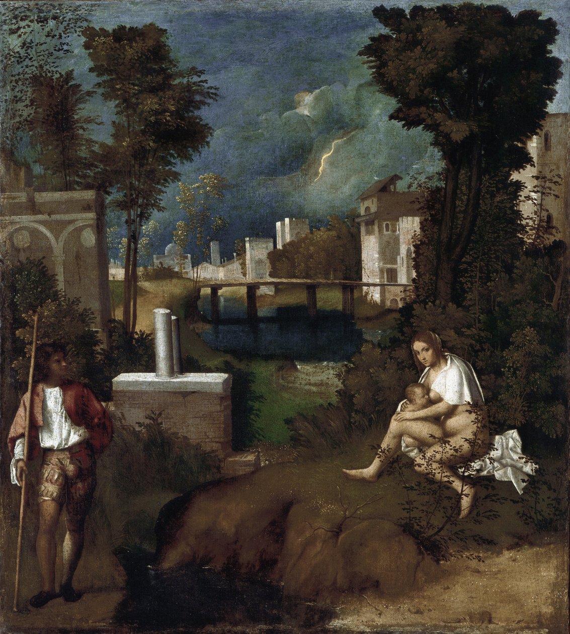 Stormen. Detalj av kvinnen som ammer barnet sitt og landskapet - olje på lerret, ca 1505-1506 av Giorgione