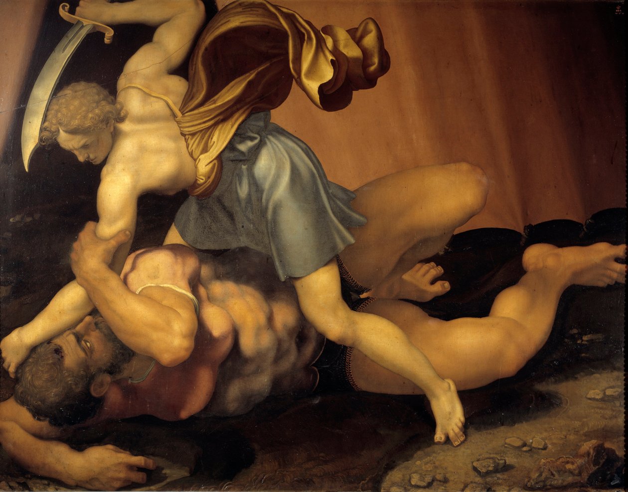 David og Goliat maleri på tosidig skifer av Daniele de Volterra (1509-1566) av Daniele da  Volterra
