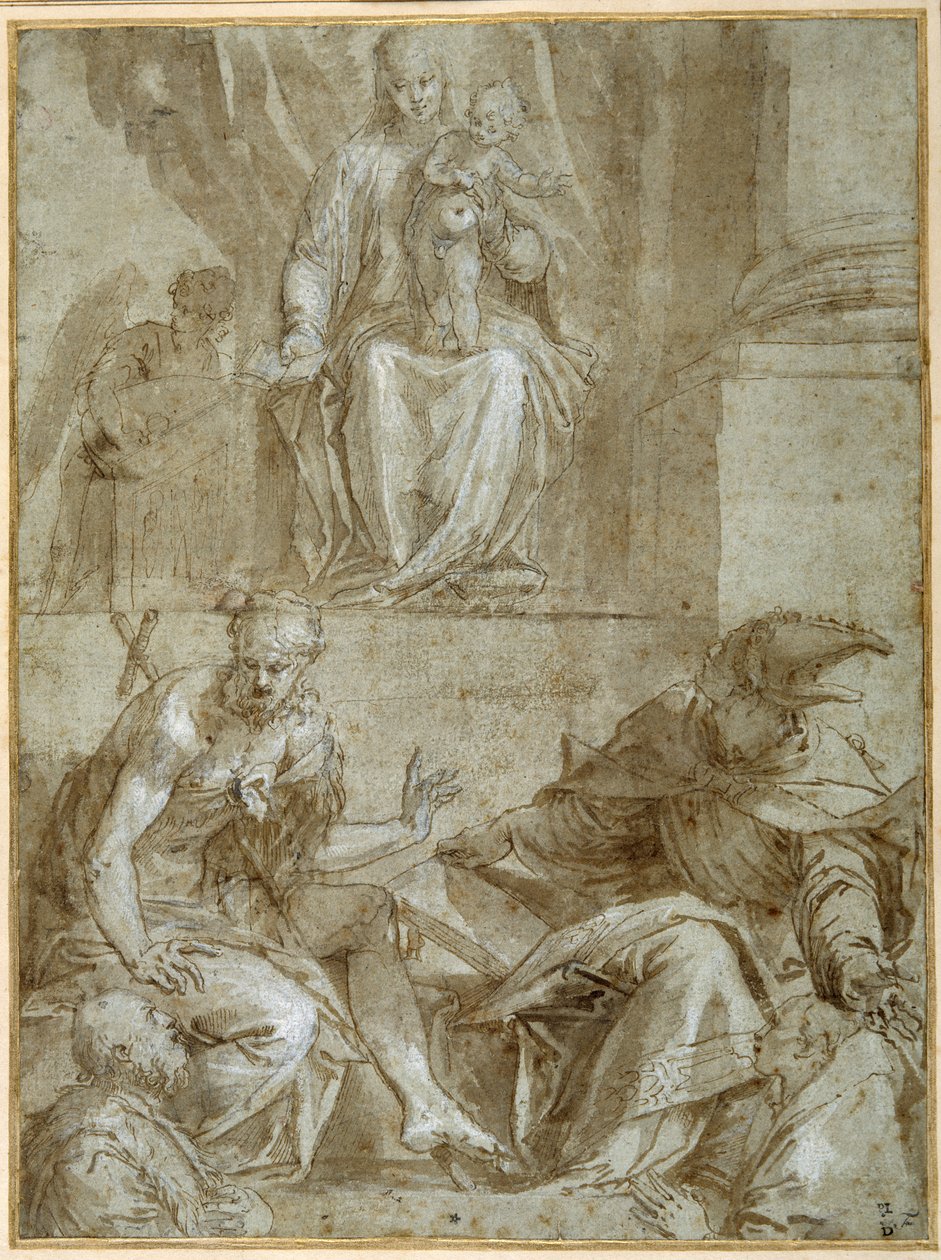 Jomfru og barn tronet med de hellige døperen Johannes, ca. 1548 (penn, svart blekk og brun vask på papir) av Veronese