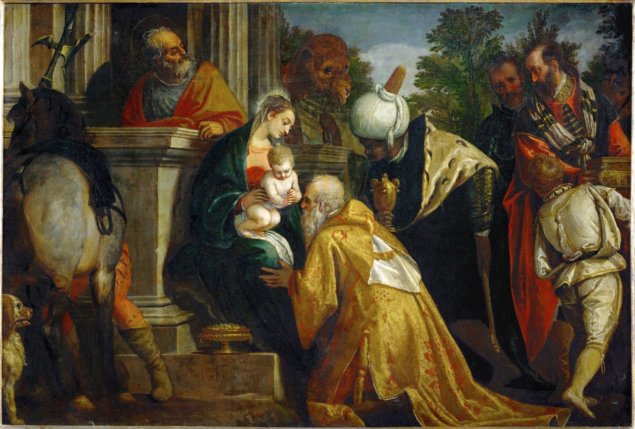 Tilbedelse av de tre vise menn … (maleri på lerret) av (1528-88) Veronese