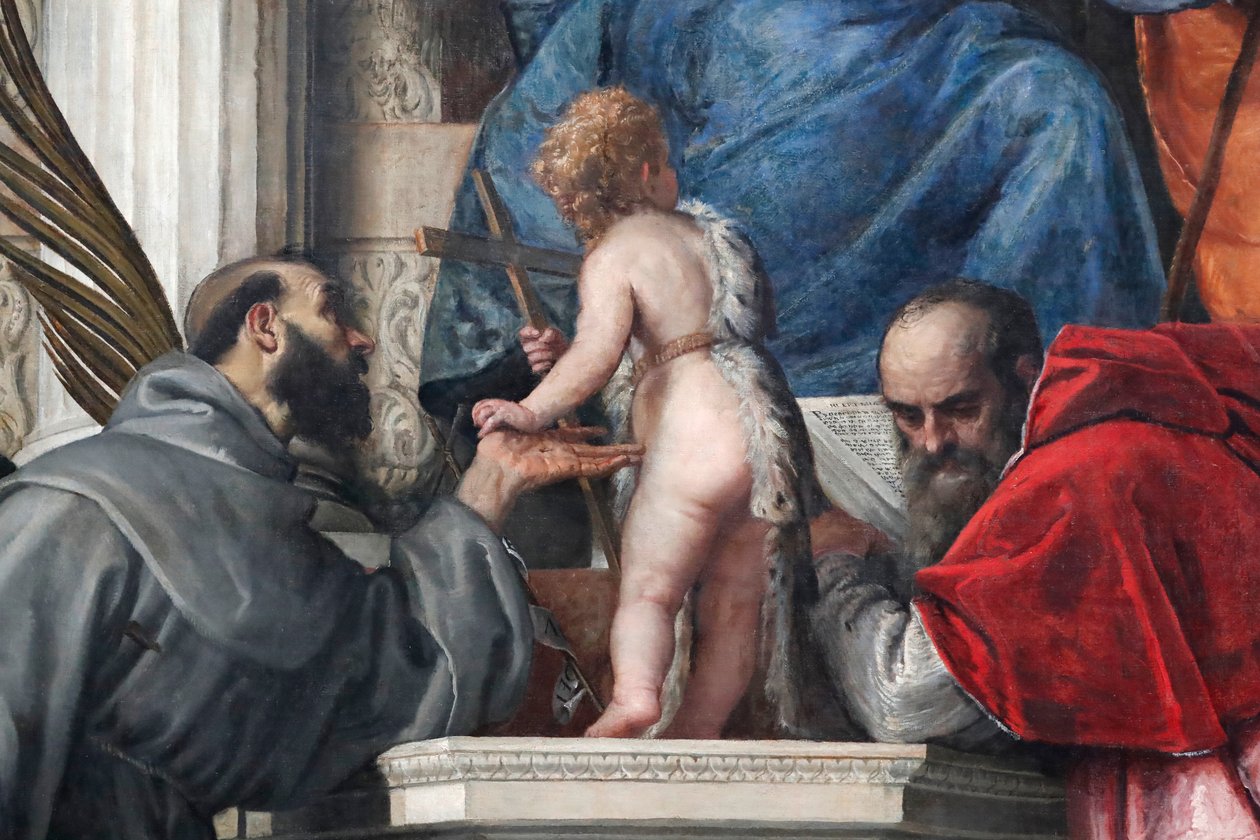 Madonna og barn med de hellige Joseph, Justina, Francis, spedbarnet døperen Johannes og Hieronymus av Veronese