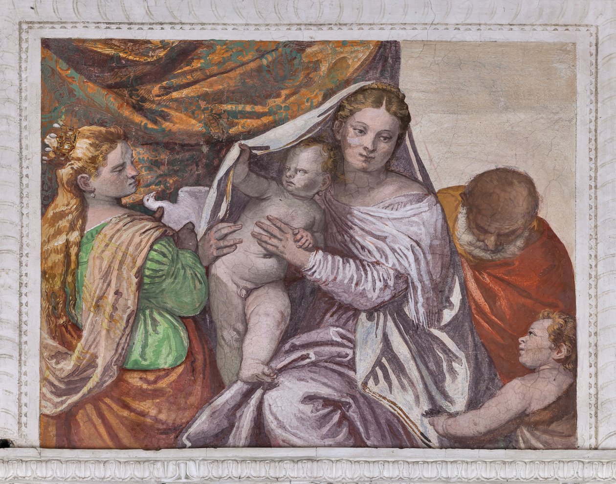 Madonna med spedbarnet Jesus og St. Catherine tilbyr en due til Jesus, sørveggen i rommet til den lille hunden, detalj av 2632659 av Veronese