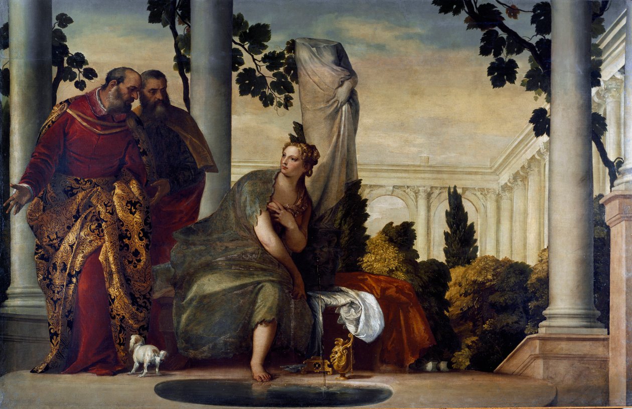 Suzanne og de gamle. Maleri av Paolo Caliari kalt Paul Veronese (1528-1588), ca 1570. Olje på lerret. Mål: 175x320 cm. Gener, Banca Carige Collection av Veronese