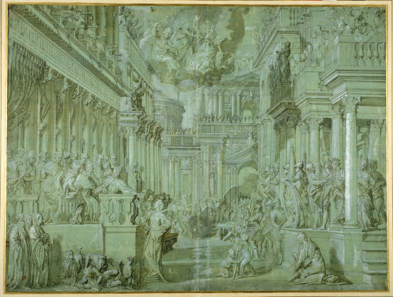 Allegori for å feire publiseringen av Holy League i 1571 (penn og brun vask med forhøyning) av Veronese