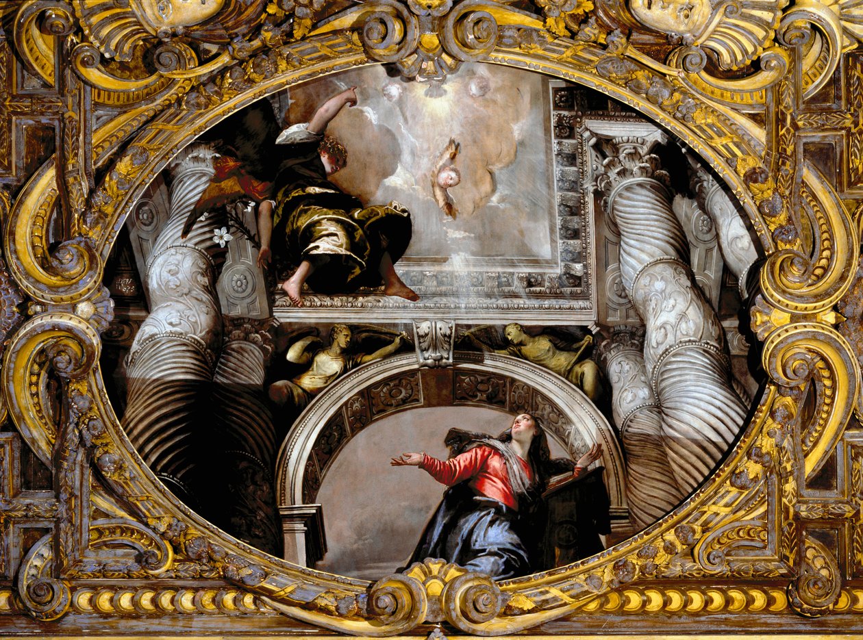 Kunngjøring. Maleri av Paolo Caliari kalt Paolo Veronese (1528-1588), etter 1568. Olje på lerret. Mål: 340x455cm. Venezia, SS-basilikaen. Giovanni e Paolo (San Zanipolo), kapell i rosenkransen. Venezia (Basilica of Saints Giovanni and Paolo (San Zanipo av Veronese