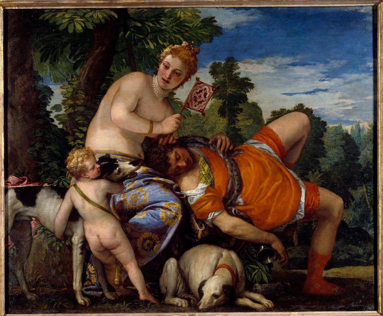 Afrodite og Adonis. Adonis, figur av gresk mytologi, elsker Afrodite. Maleri av Paolo Veronese (1528-1588) av Veronese