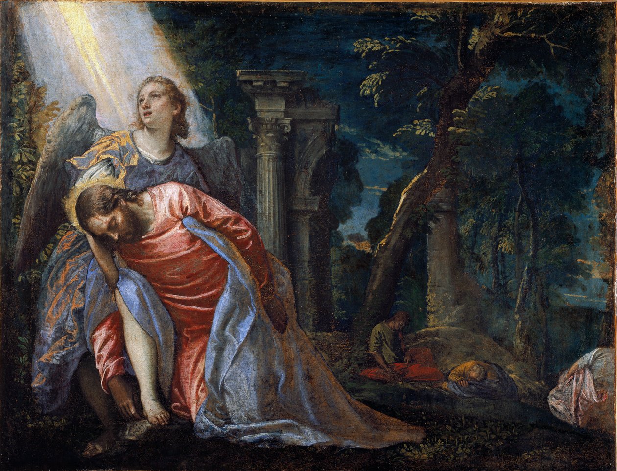 Kristus i hagen støttet av en engel. Maleri av Paolo Caliari dit Paolo Veronese (1528-1588), ca. av Veronese
