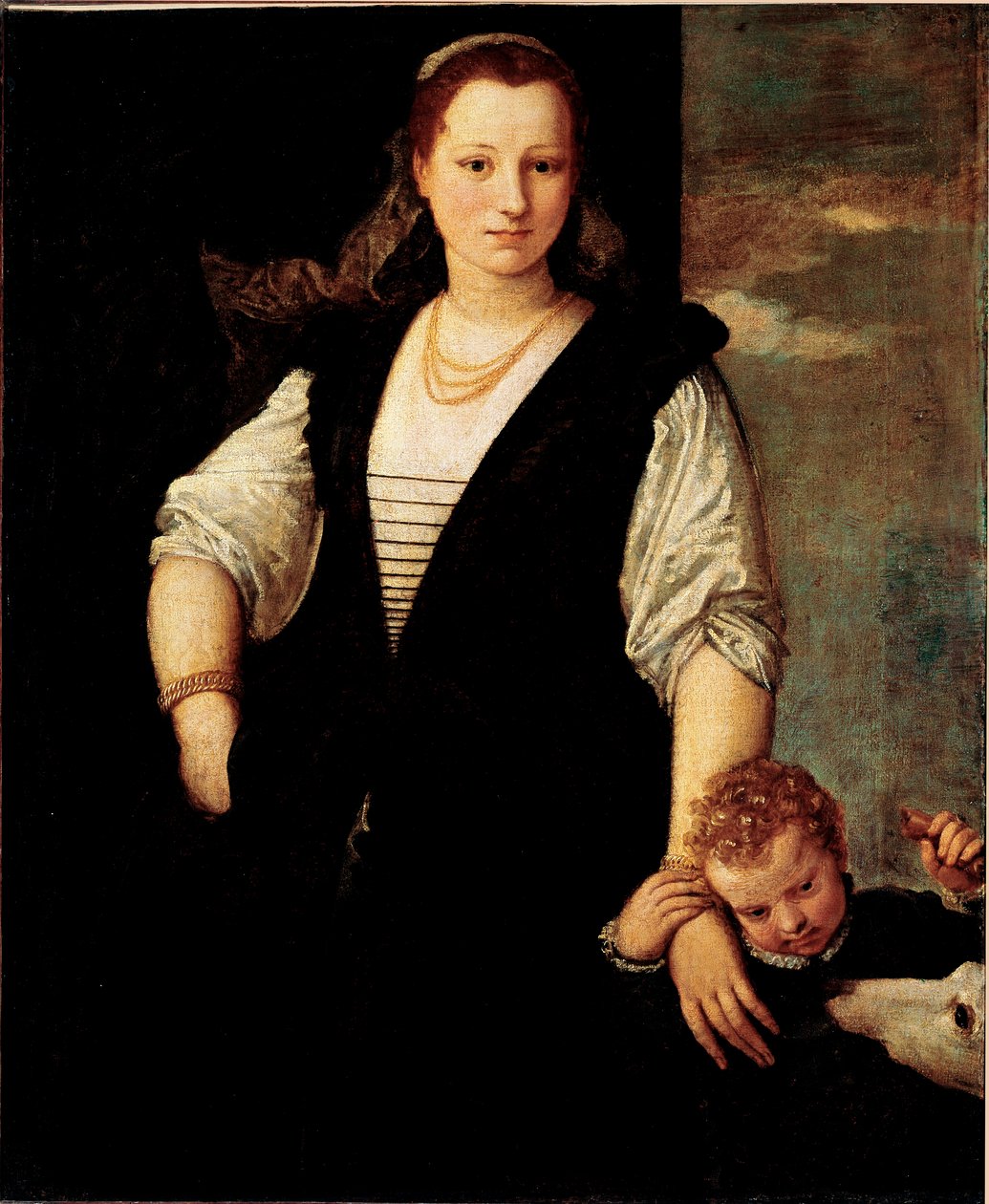 Portrett av en kvinne med et barn og en hund (barnene til Francesco Bevilacqua?) Maleri av Paolo Veronese Caliari (1528-1588) 1500-tallet Søn. 115x95 cm Paris, Musée du Louvre av Veronese