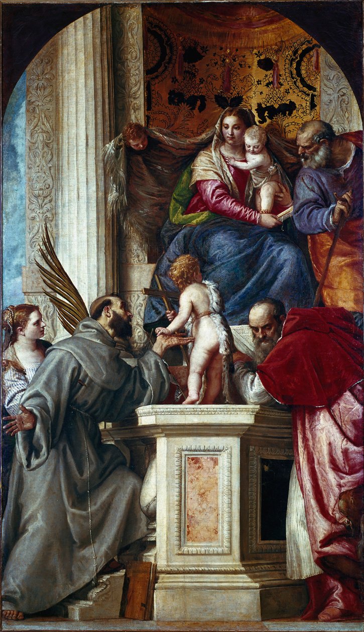 Den hellige familie med hellige (Hellig samtale kjent som Pala di San Zaccaria eller St. Sakarias altertavle). Maleri av Paolo Caliari Paolo Veronese (1528-1588) av Veronese