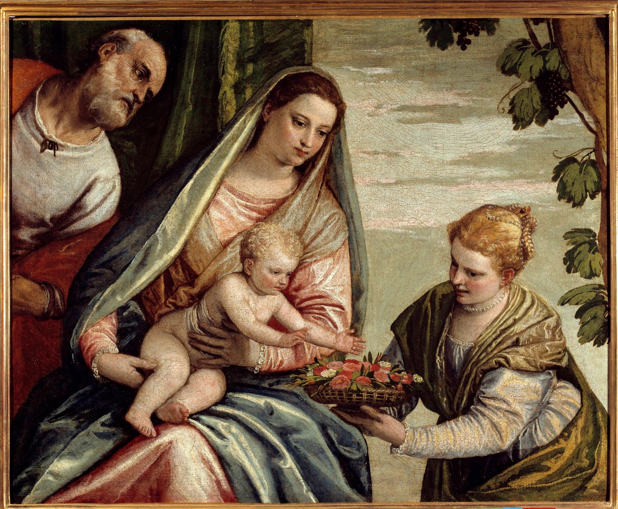 Den hellige familie med en giver (Saint Dorothee) Maleri av Paolo Veronese (1528-1588) 1500-tallet Søn. 0,76x0,94 m Bordeaux, Musee des Beaux Arts - Den hellige familie med en giver (Saint-Dorothea). Maleri av Veronese (Paolo Caliari) (1528-1588) av Veronese