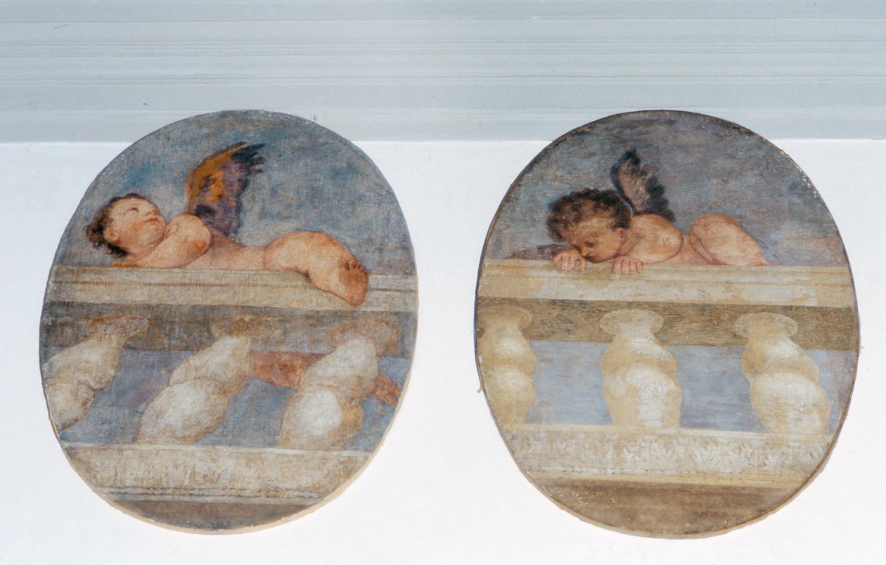 To bevingede putti som klatrer over en balustrade, rundeller fra sakristiet (fresco) av Veronese