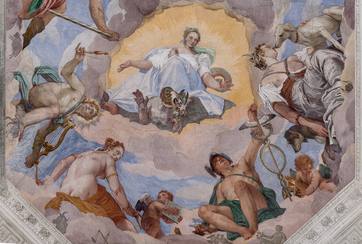 Universell harmoni omgitt av guder: Zevs med en ørn, Mars, Apollo med lyren, Venus, Merkur med caduceus, Diana med hunder og Saturn, den sentrale åttekanten i Hall of Olympus av Veronese