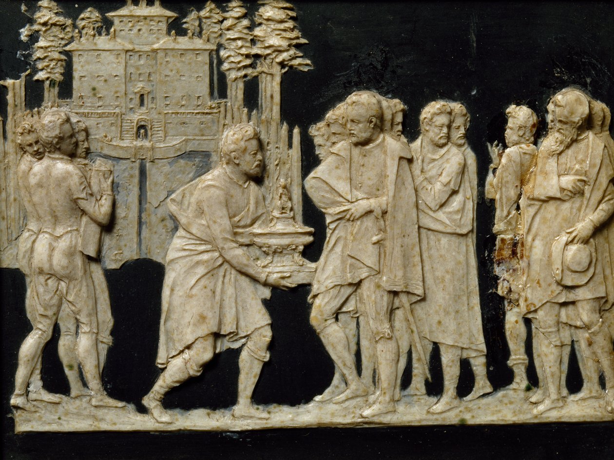Presentasjon til Francesco I av modellfontene i Pratolino, av Jean de Boulogne aka Giambologna (1529-1608), voksflis av Giambologna
