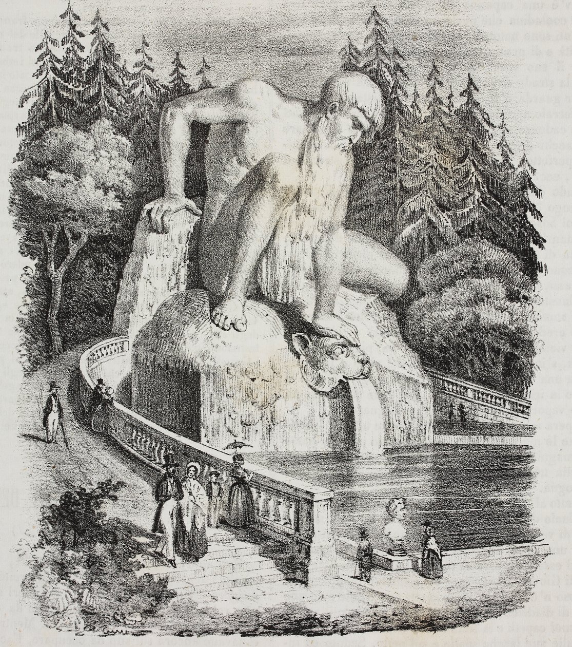 Colossus of Apennines (av Giambologna) i parken til Villa Demidoff (Villa Medicea of ​​Pratolino), Vaglia, Toscana, Italia, litografi av Giovanni Mariani fra Poliorama Pittoresco, n 10, 15. oktober av Giambologna