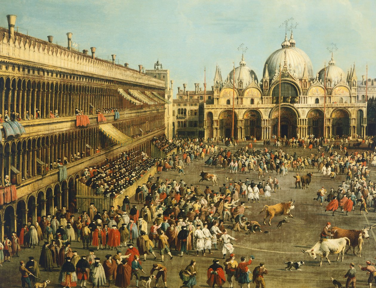 Tyrefekting eller oksejakt på Piazza San Marco, av Giovanni Antonio Canal (1697-1768) og av Giovanni Battista Cimaroli (1687-etter 1753), olje på lerret, 99x145 cm av Canaletto