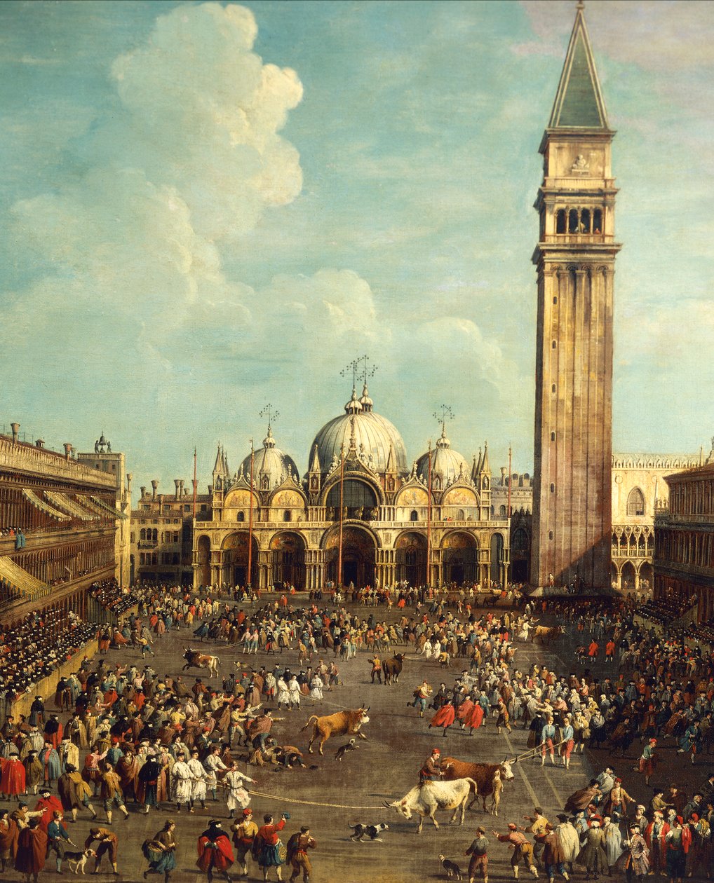 Tyrefekting eller oksejakt på Piazza San Marco, av Giovanni Antonio Canal (1697-1768) og av Giovanni Battista Cimaroli (1687-etter 1753), olje på lerret, 99x145 cm av Canaletto