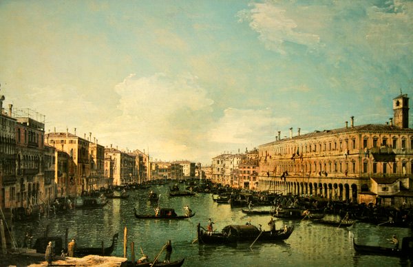 Canal Grande, Venezia, ser nordover fra nær Rialto-broen (olje på lerret) av Canaletto