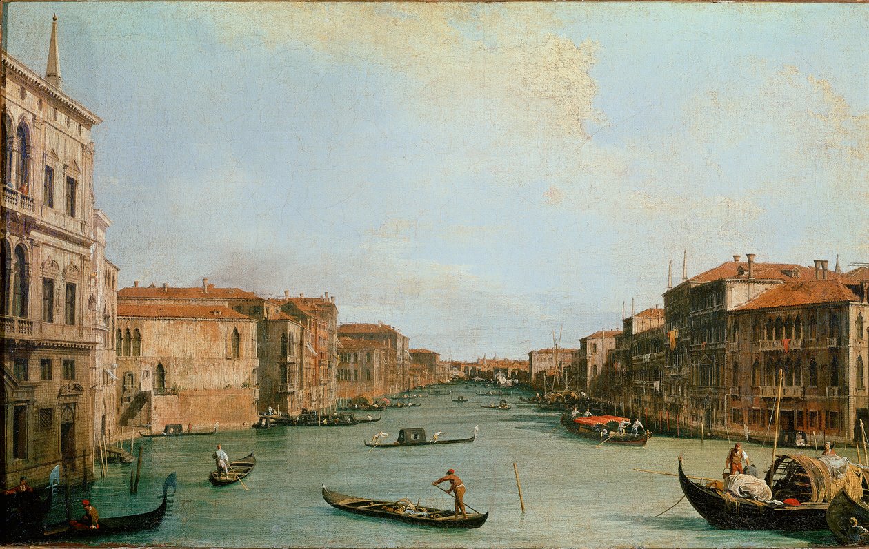 Canal Grande sett fra Palazzo Balbi (Il Canal Grande da Palazzo Balbi). Utsikt over Venezia langs kanalen. Maleri av Giovanni Antonio Canal kjent som Canaletto (1697-1768). Olje på lerret. Mål: 45x73 cm. Firenze, Uffizi-galleriet (Firenze, Uffizi av Canaletto