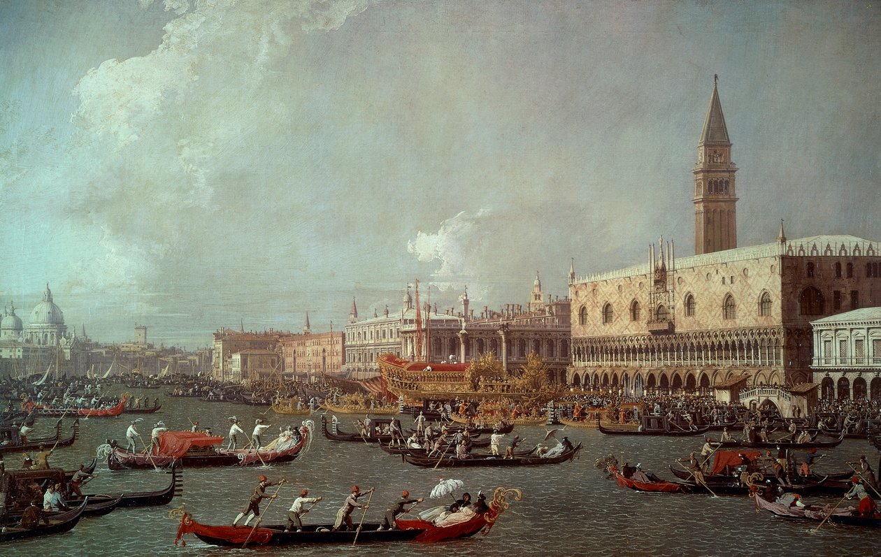 Bucentaurens retur til bryggen på Kristi himmelfartsdag, ca 1760, av Giovanni Antonio Canal kjent som Canaletto (1697-1768), olje på lerret av (1697 1768) Canaletto