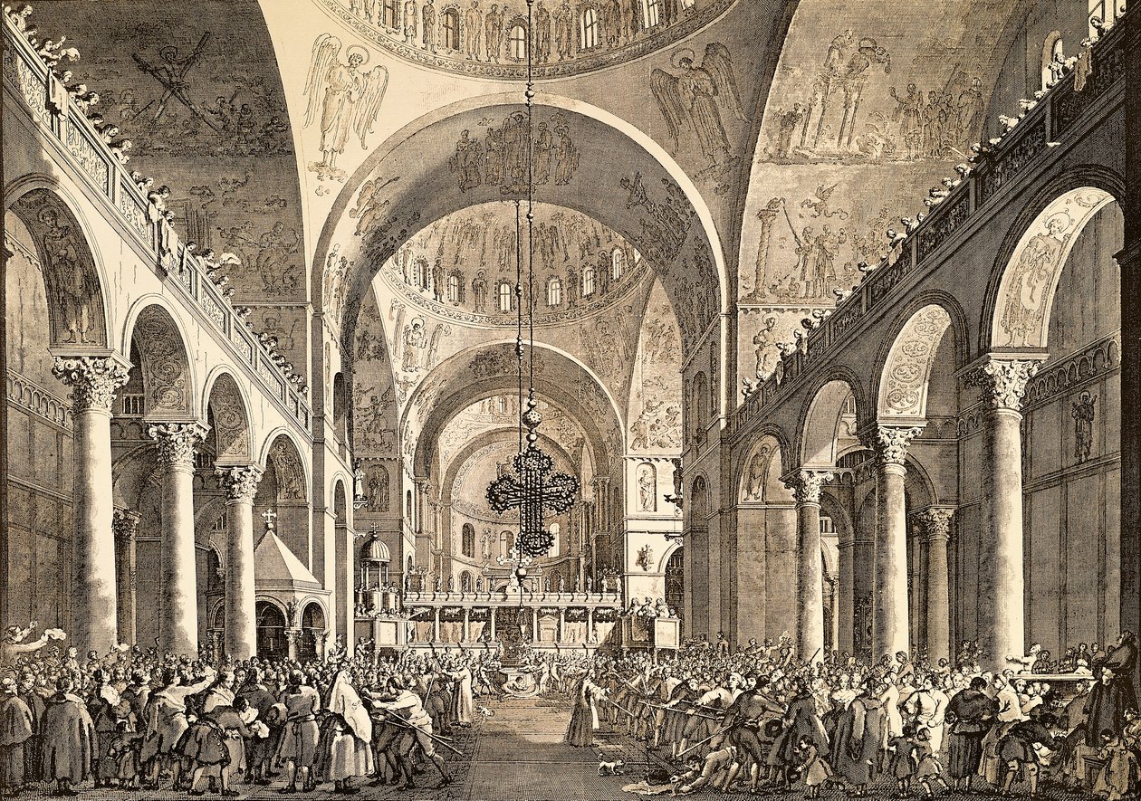 Giovanni Antonio Canal, kjent som Canaletto (1697-1768) og Giovanni Battista Brustolon (1712-1796), graveringer av den nyvalgte dogen av Venezia. Italia av (1697 1768) Canaletto