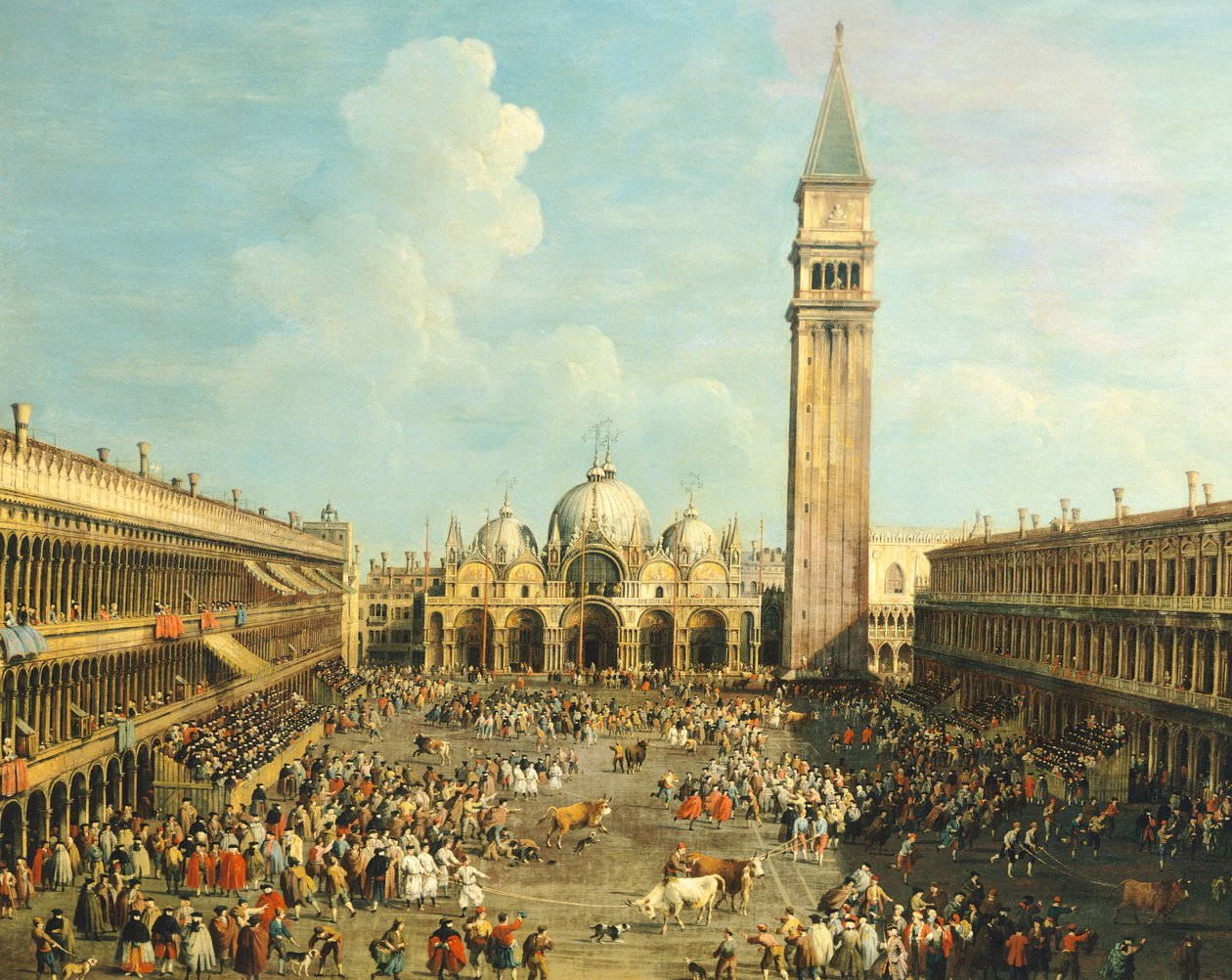 Tyrefekting eller oksejakt på Piazza San Marco, av Giovanni Antonio Canal (1697-1768) og av Giovanni Battista Cimaroli (1687-etter 1753), olje på lerret, 99x145 cm av Canaletto